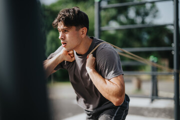 Young man doing calisthenics workout with resistance band in an outdoor park setting, showcasing fitness, strength, and healthy lifestyle.