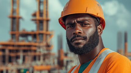 Portrait of a worker in helmet, A close-up of a determined worker, helmet on, with a look of focus and resolve in their eyes, set against the backdrop of a bustling construction site,