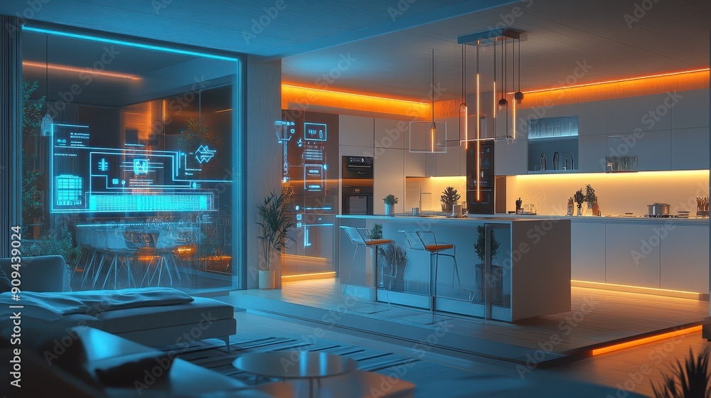 Poster home automation system, high res image of smart home hub analyzing data to optimize energy