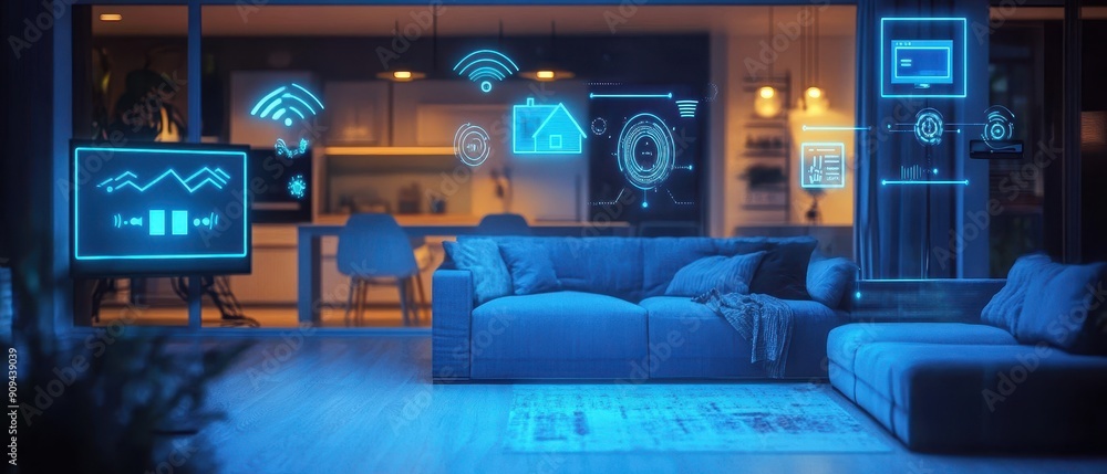 Poster home automation system, high res image of smart home hub analyzing data to optimize energy