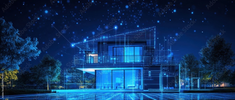 Poster home automation system, high res image of smart home hub analyzing data to optimize energy