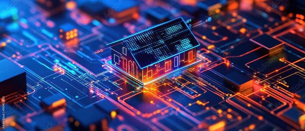 Poster home automation system, high res image of smart home hub analyzing data to optimize energy