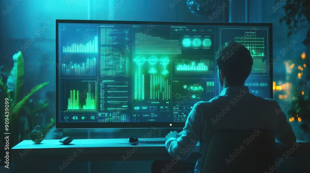 Poster home automation system, high res image of smart home hub analyzing data to optimize energy