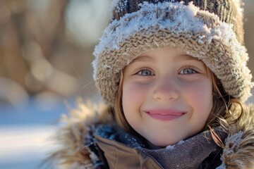 Young girl is smiling on a winter day, enjoying the snow