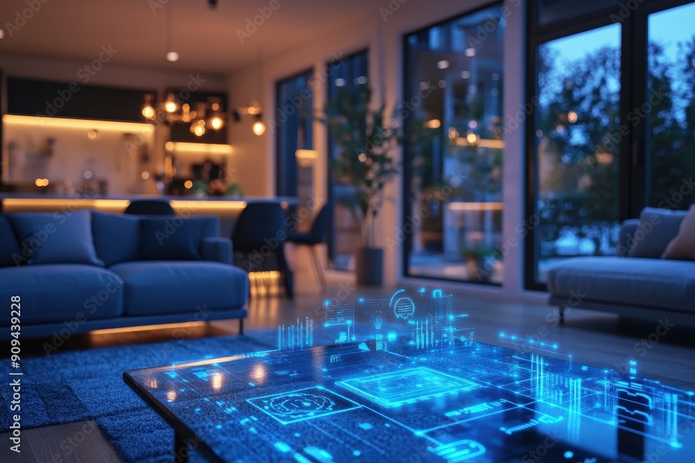 Poster home automation system, high res image of smart home hub analyzing data to optimize energy