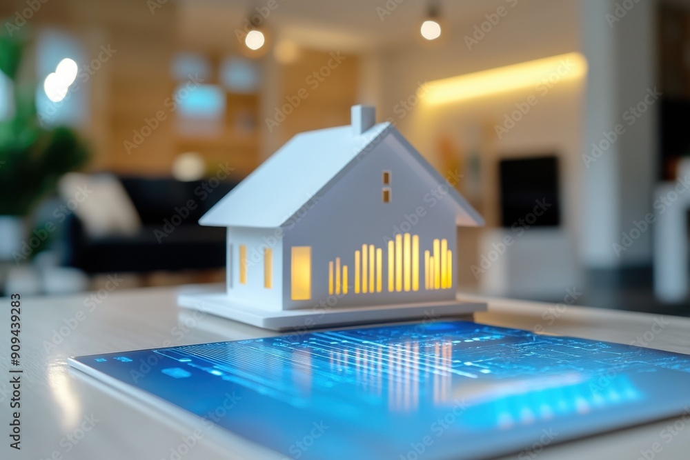 Poster home automation system, high res image of smart home hub analyzing data to optimize energy