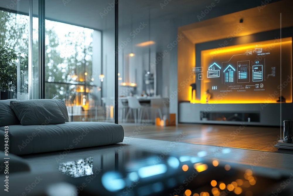 Poster home automation system, high res image of smart home hub analyzing data to optimize energy