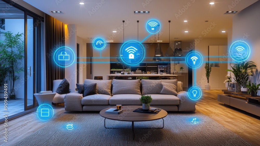 Poster home automation system, high res image of smart home hub analyzing data to optimize energy