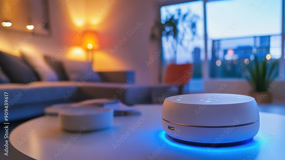 Poster home automation system, high res image of smart home hub analyzing data to optimize energy