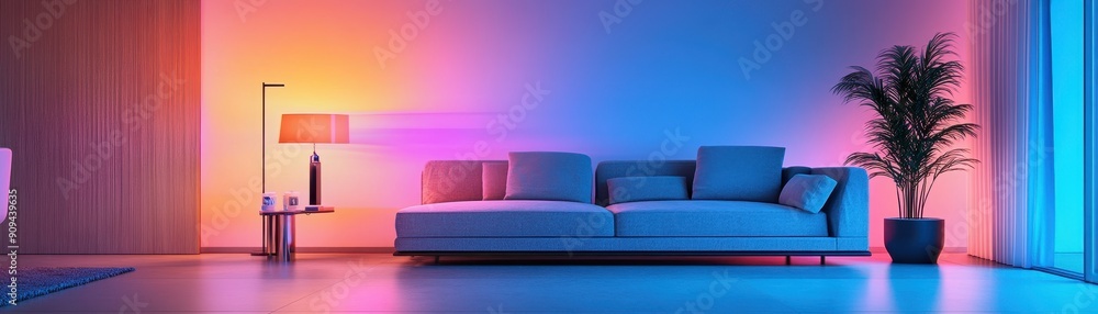 Poster home automation system, high res image of smart home hub analyzing data to optimize energy