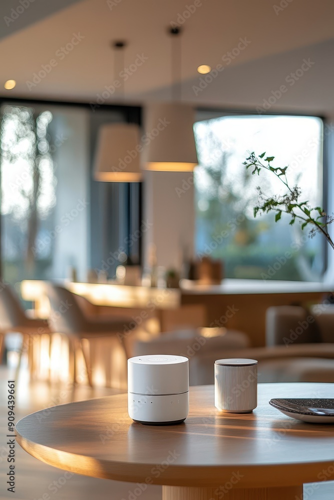 Poster home automation system, high res image of smart home hub analyzing data to optimize energy