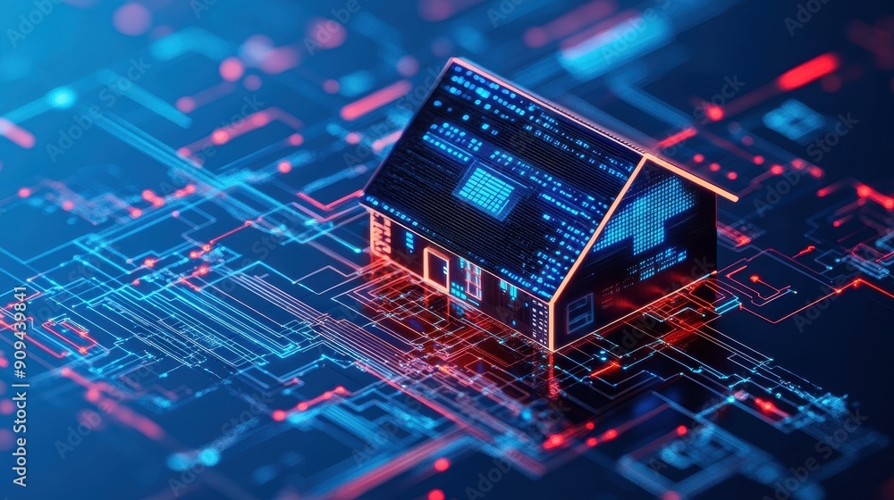 Poster home automation system, high res image of smart home hub analyzing data to optimize energy