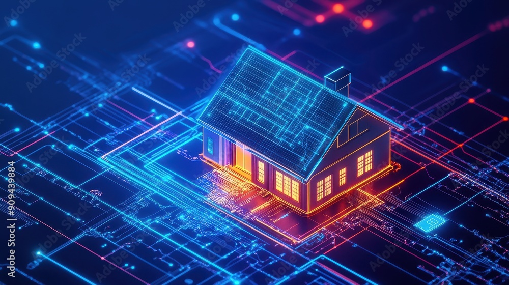 Poster home automation system, high res image of smart home hub analyzing data to optimize energy