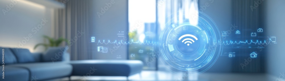 Poster home automation system, high res image of smart home hub analyzing data to optimize energy