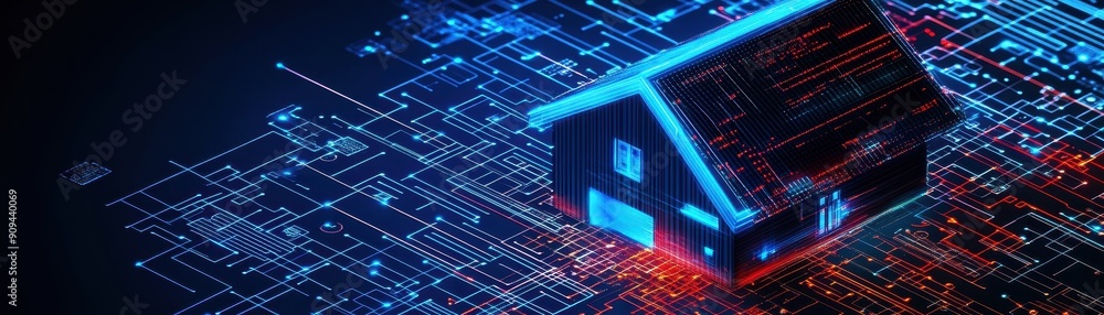 Poster home automation system, high res image of smart home hub analyzing data to optimize energy