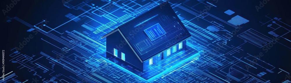Poster home automation system, high res image of smart home hub analyzing data to optimize energy