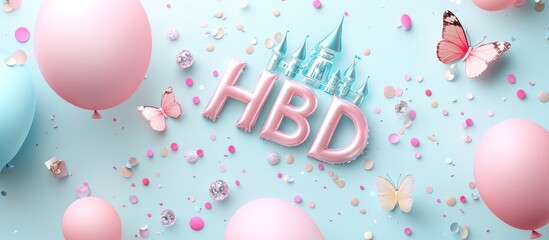Elegant Glowwave HBD Silver 3D Lettering on Pastel Background with Fairytale Elements and Butterflies - Minimalist Flat Lay Composition, Generative Ai