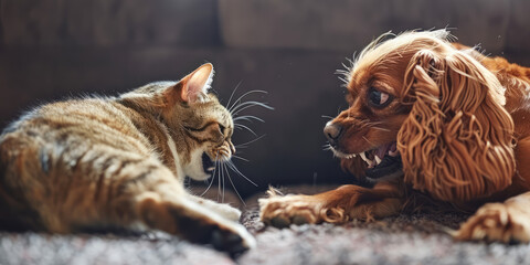 A cat fights with a dog. Aggression in pets, feud between cat and dog