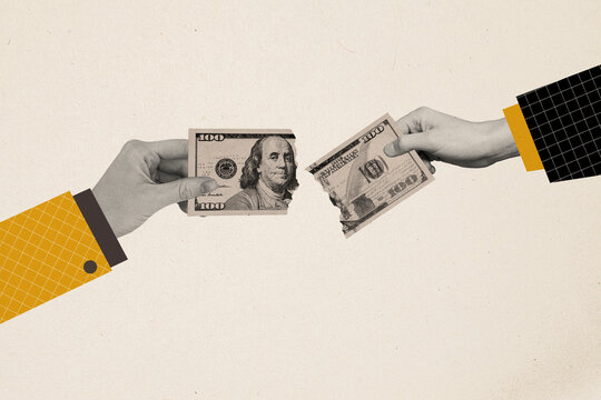 Composite artwork collage image picture of two arms pull torn dollar bill isolated on creative background