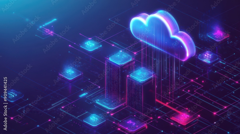 Poster hybrid cloud network background with serverless technology
