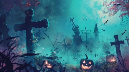 Eerie Graveyard With Pumpkins and Haunted Castle at Night
