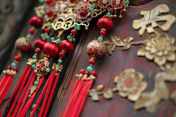 Naklejka premium Red and gold traditional chinese tassel hanging on a wooden door, celebrating the spring festival