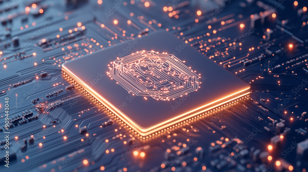 Poster ultra-realistic depiction of a computer chip with neural network connections, representing ai techno