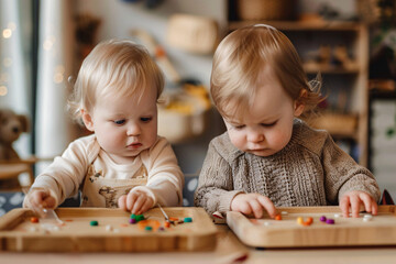 Two toddlers cheerfully playing with colorful wooden toys, enhancing sibling bonding and joyful engagement