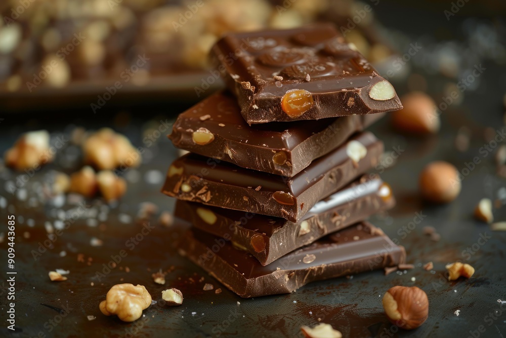 Poster stack of dark chocolate with hazelnuts and walnuts is sitting on a dark background
