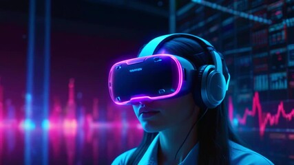 Woman wearing VR headset and headphones immersed in virtual reality.