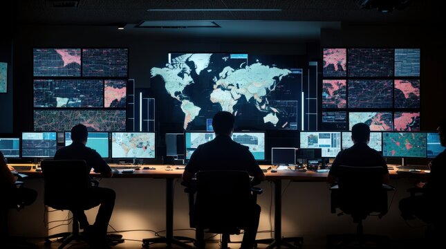 Three staff in a futuristic control room with global data monitors 