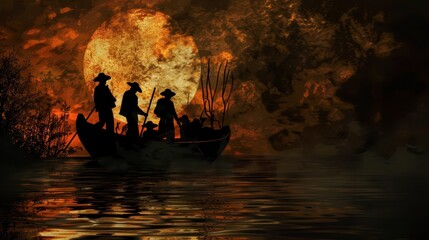 Obraz premium Fishermen Silhouetted Against Full Moon Over Calm Waters at Dusk