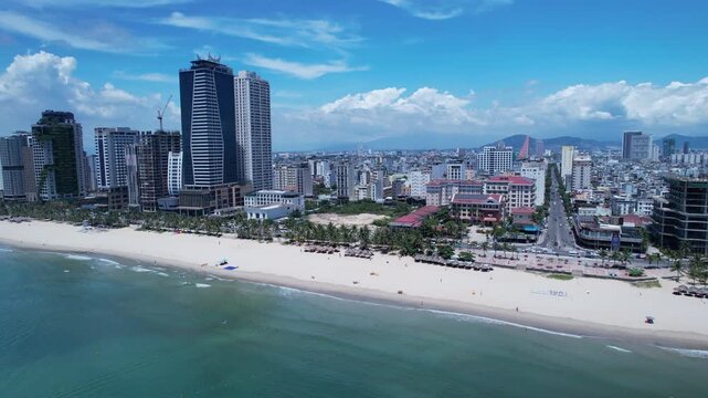 far view of My Khe beach in Vietnam with the coastline of city Da Nang