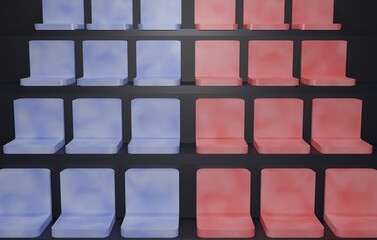 3d render rows of blue and red seats in a row