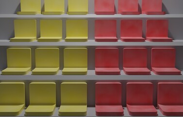 3d render rows of yellow and red seats in a row