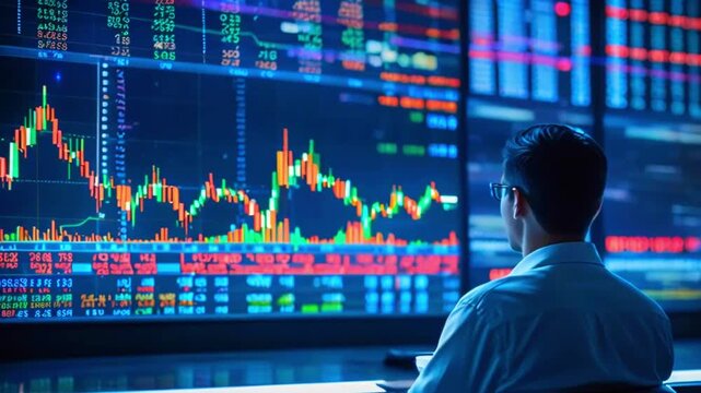 Man analyzing stock market data on large screens.