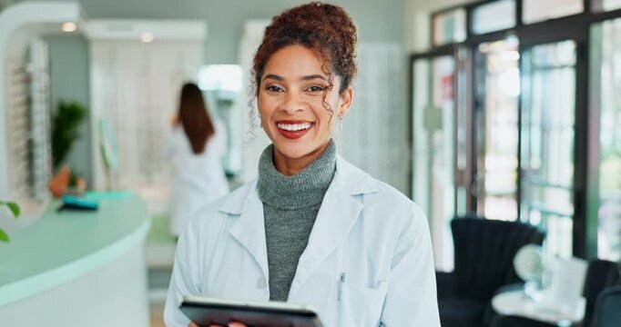 Portrait, optician and happy woman with tablet at store for vision, eye care and laughing. Face, optometrist and retail shop for glasses with tech, report and health results for eyesight correction