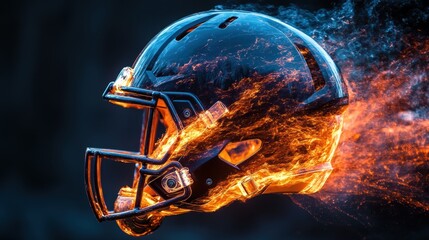 A black football helmet with fiery trails, representing the explosive power and speed of the sport 