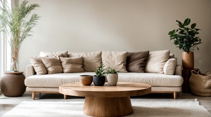 Urban living space with neutral hues, stylish white sofa, wooden table, and decorative greenery 