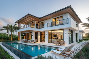 Fototapeta premium Modern two-story house with pool and terrace, sunset lighting, white walls, black windows, wooden accents, tropical palm trees, outdoor furniture, interior view, architectural design magazine quality