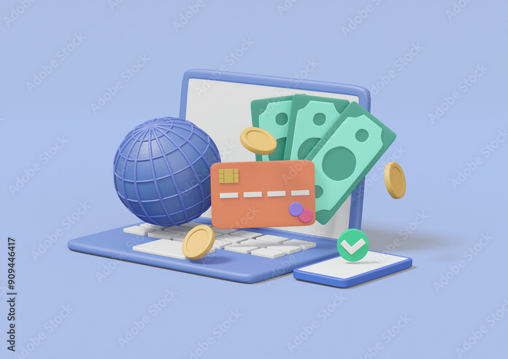 Aufkleber 3d rendering showing elements of global digital finance and online transactions. laptop icon mobile 