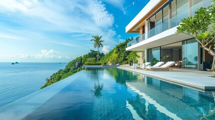 Modern villa with infinity pool overlooking the ocean.