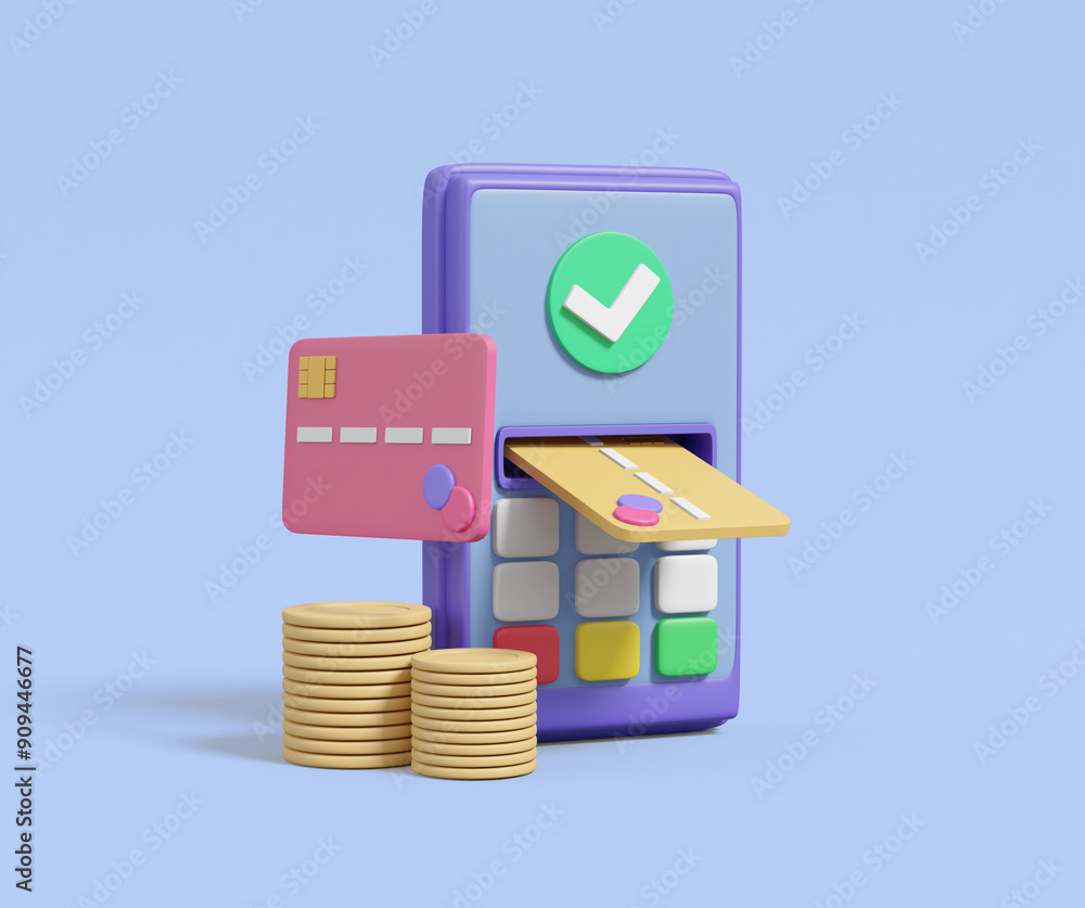 Aufkleber the 3d rendering includes card reader icons, coins, and check marks. the card reader symbolizes the 