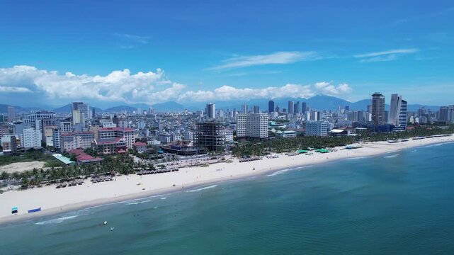 far view of My Khe beach in Vietnam with the coastline of city Da Nang