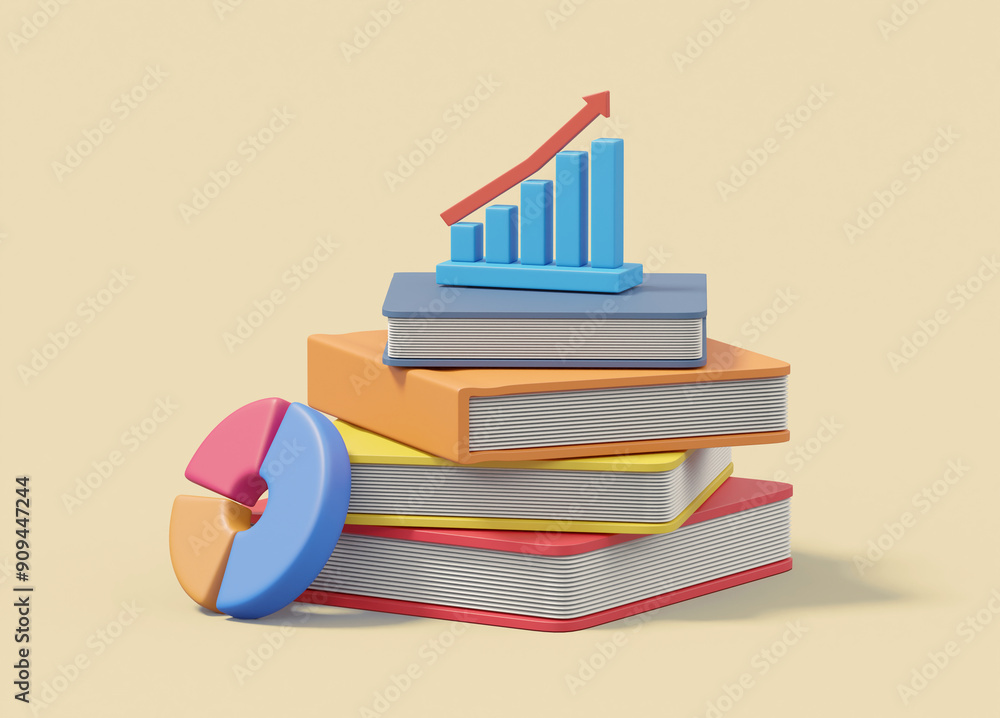 Aufkleber 3d rendering with books, graphs, and statistics icons. division of learning and education books, gra