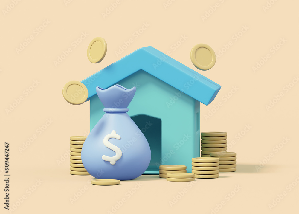 Poster 3d rendering consisting of house icons representing properties and real estate. a bag of money and c