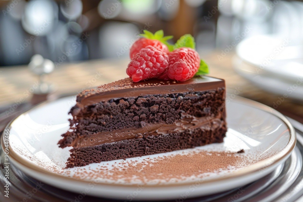 Wall mural mouthwatering slice of chocolate cake topped with fresh raspberries and a sprig of mint, ready to be