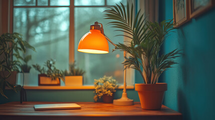 Fototapeta premium A calming workspace with a soft-lit lamp, a potted plant, and a well-organized desk, designed for focus and inspiration