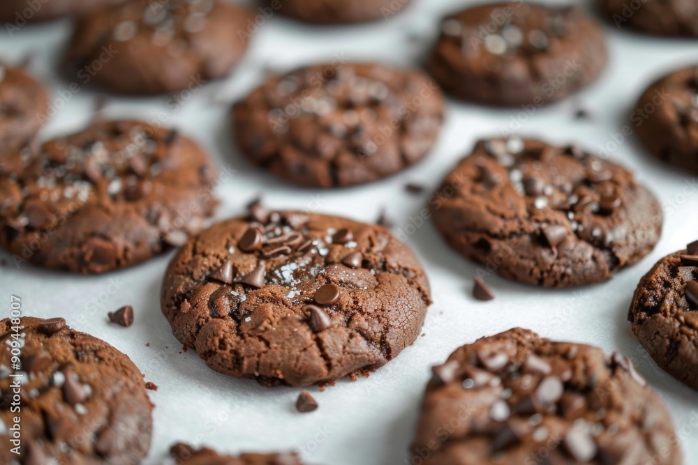 Sticker freshly baked chocolate chip cookies cooling on a baking sheet after coming out of the oven