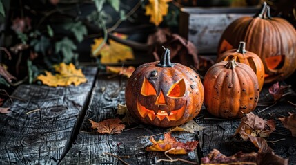 Carved Pumpkins Surrounded by Autumn Leaves on Rustic Wooden Table